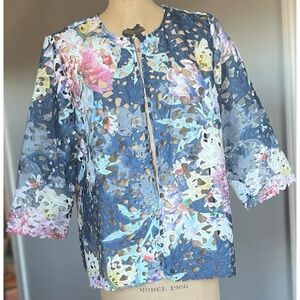 Chico’s Multicolored Floral Embroidered Crochet Open Front Cardigan 2